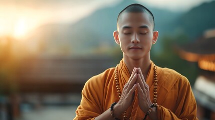 A serene monk prays in a tranquil setting, embodying peace and spirituality with nature in the background at sunset.