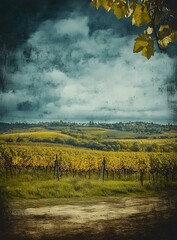 Poster - Vineyard Landscape with Cloudy Sky and Yellow Leaves