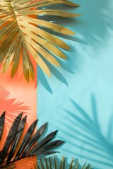 Sticker - Tropical Palm Leaves and Shadows on a Blue and Orange Background