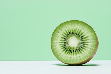 Wall Mural - Closeup of fresh green kiwi fruit slice on plain background