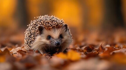 Wall Mural - Hedgehog exploring autumn leaves in the woods