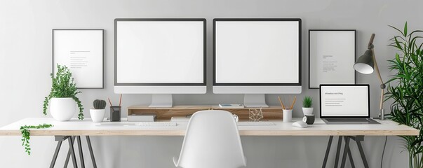 Modern desktop with dual monitors, white background, office technology