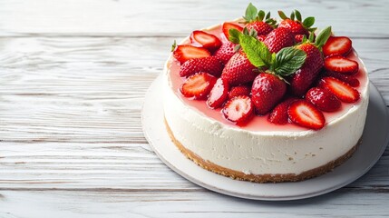 Fresh strawberries and no-bake cheesecake with a white wooden backdrop. dessert for summer. a focused selection. 