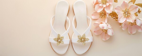 Pair of stylish sandals with embellishments, white background, fashion footwear