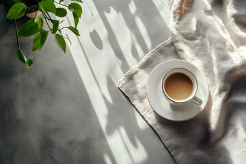 Morning Coffee and Sunlight on a Grey Table