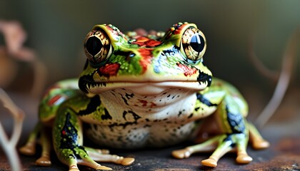 whimsical frog with patchwork quilt-like skin blending into a colorful natural setting