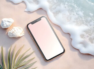 Wall Mural - Gold Smartphone Mockup with Seashells and Palm Leaves on Beach