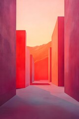 Sticker - Abstract Red Architecture with Sunset in the Background