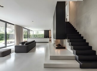 Sticker - Modern Living Room Interior Design with Black Fireplace and Stairs