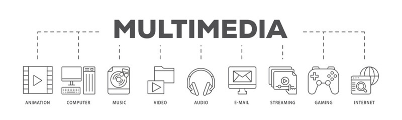 Fototapete - Multimedia infographic icon flow process which consists of e mail, video, audio, internet, streaming, gaming, music, computer, animation icon live stroke and easy to edit 