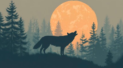 Wall Mural - A wolf howls at the moon, its shadow against a simple forest background. 