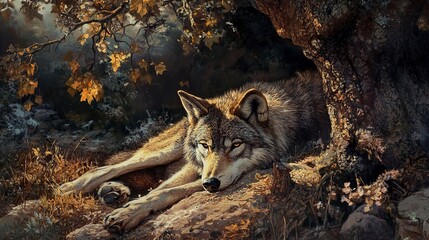 Sticker - Wolf rest after successful hunting under tree.