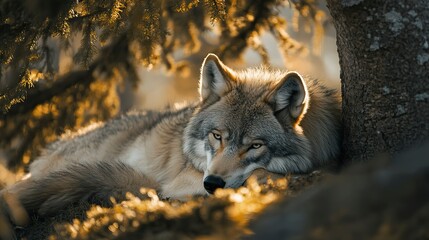 Canvas Print - Wolf rest after successful hunting under tree.