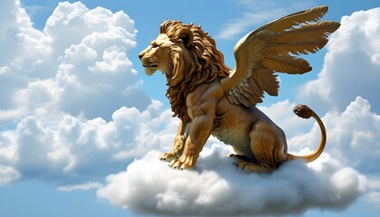 majestic winged lion statue gracefully perched on a fluffy cloud against a serene sky