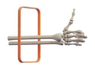 Poster - A skeleton hand with bones holding an orange smartphone frame. The image is rendered in a clean 3D graphic style. Concept of technology and anatomy. 3D Rendering.