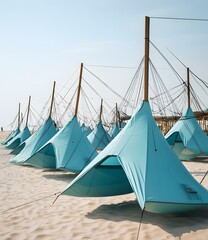 Sticker - Blue Tents Set Up On A Sandy Beach