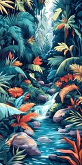 Wall Mural - Tropical Rainforest Waterfall Landscape Illustration