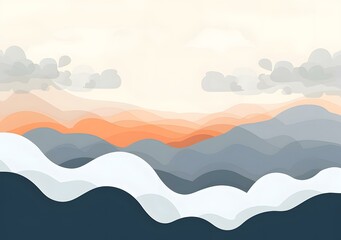 Wall Mural - Abstract Mountain Landscape Illustration with Clouds and Sunrise