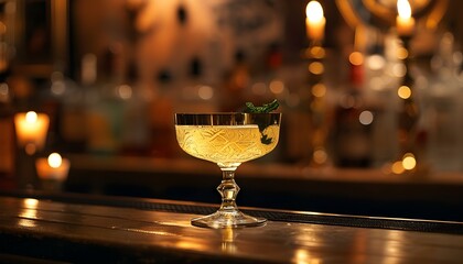 Wall Mural - Elegant gold cocktail shaker gleaming in candlelight on dark bar, embodying a classic speakeasy ambiance