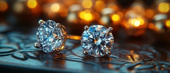 Wall Mural - Close-up of two sparkling diamond earrings on a metallic surface with a blurry background of warm lights.