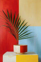 Sticker - Green Palm Leaf in a Red and White Pot on a Yellow and White Table