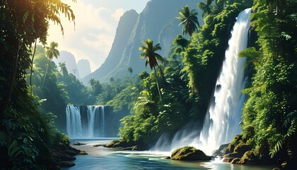 Wall Mural - tranquil waterfall meandering through a vibrant tropical jungle surrounded by lush greenery