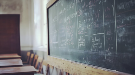 Wall Mural - Empty classroom with rows of wooden desks and chairs neatly arranged