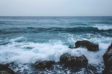 Wall Mural - Ocean Waves Crashing on Rocky Shore