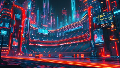 Futuristic sports arena pulsating with neon lights and advanced gadgets highlighting seamless integration of data analytics in live sporting events