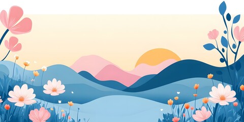 Sticker - Blue Mountain Landscape With Pink Flowers and Yellow Sun