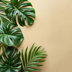 Poster - Green Tropical Leaves on Beige Background