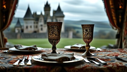 Wall Mural - Medieval Feast in Fortress with Decorative Goblets, Rich Tapestries, and Knightly Tournaments under Dramatic Overcast Sky