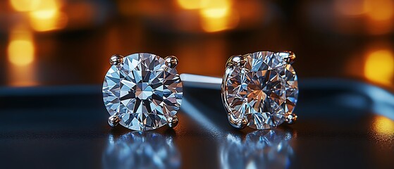 Closeup of two sparkling diamond earrings on a black background.