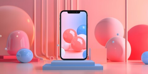 Poster - Abstract Pink and Blue Sphere Background with Smartphone