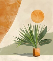 Wall Mural - Minimalist Abstract Art with Palm Leaves and Sun