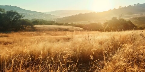 Wall Mural - Golden Grass Field with Mountain View in Sunset