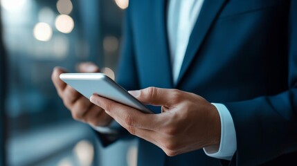 A professional person holds a smartphone, showcasing modern technology in an elegant business setting with blurred background.