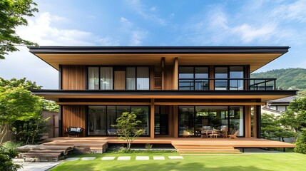 Sticker - Modern Japanese House with Wooden Exterior and Large Windows