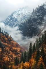 Wall Mural - Autumn Mountain Landscape with Fog and Snow