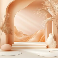 Poster - Minimalist 3D Render of Beige Aesthetic Desert Scene with Arch and Palm Leaves