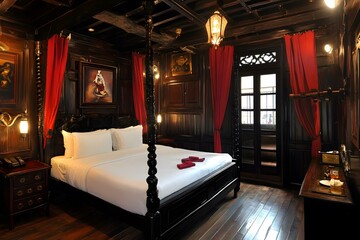 Sticker - Luxury Bedroom Interior with Four Poster Bed and Red Curtains