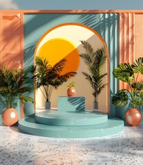 Canvas Print - Minimalist Summer Background with Palm Trees and Turquoise Podium