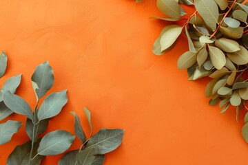 Wall Mural - Orange Background With Green Leaves