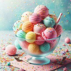 Creative food concept. Scoop balls of pastel gelato sorbet ice cream in glass dessert bowl with colourful sprinkles scattered on background.
