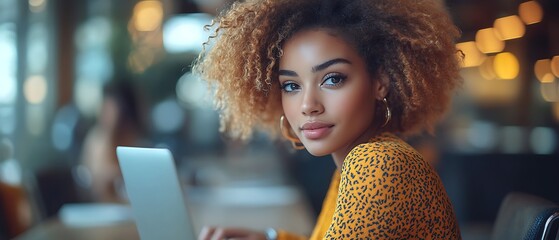 Confident woman working on laptop in cafe.