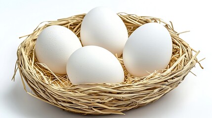 Poster - Natural Chicken Eggs in a Woven Straw Basket isolated on a white background : Generative AI