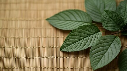 Poster - Green Leaves on Bamboo Mat Nature Background : Generative AI