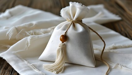 Elegant white triangular muslin tea bag featuring a charming string and tassel for a delightful tea experience