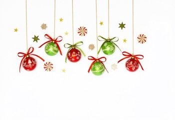 Poster - Vibrant Christmas Ornaments with Ribbons and Candy Designs on White Background