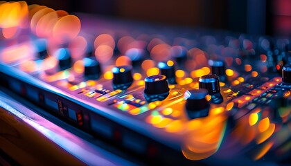 Vibrant close-up of a soundboard in a recording studio, bathed in colorful lights